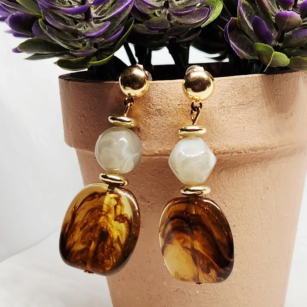 Amber Marbled Resin Drop Earrings‎ Gold Tone Ball Stud Dangle Bohemian Jewelry